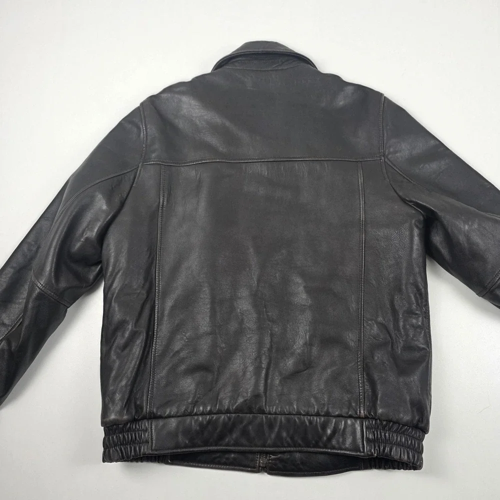Tommy Hilfiger Jacket Mens Medium Brown Leather Bomber Plaid Lined Full Zip